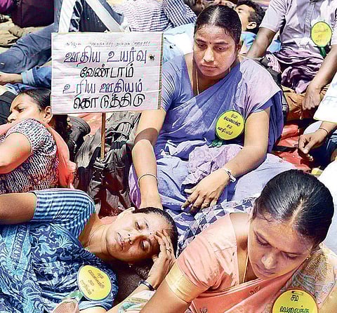 Secondary grade teachers protesting at the Nungambakkam Girls Higher Secondary School on Thursday | Martin Louis