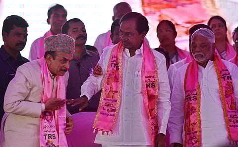Deputy CM Mohd Mahmood Ali greeting CM KCR at the plenary session (EPS | Vinay Madapu)