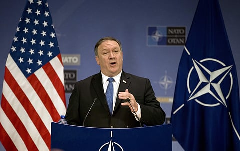 U.S. Secretary of State Mike Pompeo speaks during a media conference at the conclusion of a meeting of NATO foreign ministers at NATO headquarters in Brussels on Friday, April 27, 2018. | Associated Press
