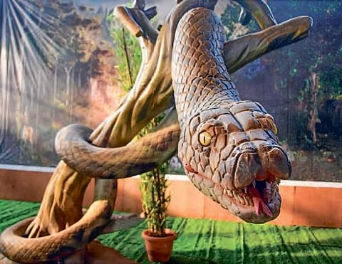 The robotic anaconda at the handloom expo that will begin on Tuesday | P RaviNdra Babu