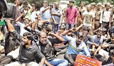 Members of May 17 Movement staging a protest demanding CMB at Shastri Bhavan in the city on Monday;