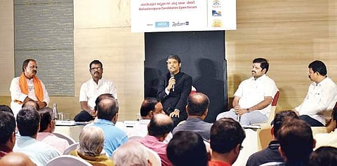 Candidates contesting from Mahadevapura constituency interact with the public at a private hotel in Marathahalli on Sunday | pANDARINATH B