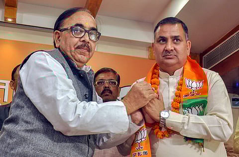 RLD MLA from Chhaprauli Sahendra Singh Ramala joins BJP in presence of UP BJP President Mahendra Nath Pandey at the party office in Lucknow on Monday. | PTI