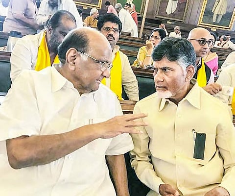 NCP chief Sharad Pawar makes a point to AP Chief Minister N Chandrababu Naidu at a meeting in Delhi on Tuesday | EXPRESS