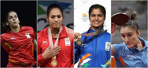 Saina Nehwal, Punam Yadav, Manu Bhaker and Manika Batra lead India's Sunday charge at Gold Coast. (Photos | PTI, AP)