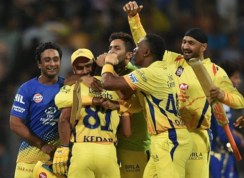 Chennai Super Kings' players celebrate after beating Mumbai Indians' during the IPL 2018 opening cricket match at Wankhede Stadium in Mumbai on Saturday. (Photo | PTI)