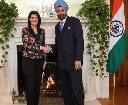Indian US Ambassador Navtej Sarna with United States Ambassador Nikki Haley. (Image Courtesy Twitter@NavtejSarna)