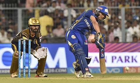 Mumbai Indians' Ishan Kishan plays a shot against Kolkata Knight Riders during an IPL T20 match at Eden Garden in Kolkata on Wednesday. | PTI