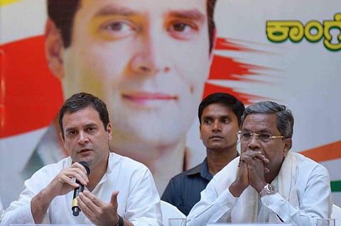 Congress president Rahul Gandhi addresses a press conference in Bengaluru on the last day of campaigning ahead of Karnataka Elections. | (Pushkar V | EPS)