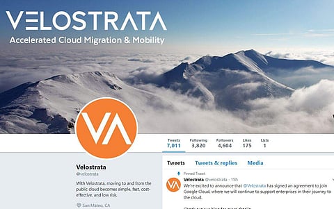 The twitter page of Velostrata.