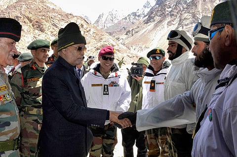 President Ram Nath Kovind visits Siachen Base Camp to address the soldiers posted there in Siachen on Thursday. (PTI)