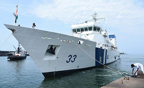 Indian Coast Guard Ship Vikram, the offshore patrol vessel that is going to be based at New Mangalore Port was formally welcomed on Sunday, 13 May 2018. (EPS |  Rajesh Shetty Ballalbagh)