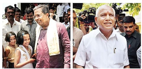 CM Siddaramaiah all smiles during a private event in Mysuru; State BJP chief B S Yeddyurappa in a relaxed mood at his residence at RMV Extension in Bengaluru, on Sunday I Udayshankar S, NAGARAJA GADEKAL I report:P7