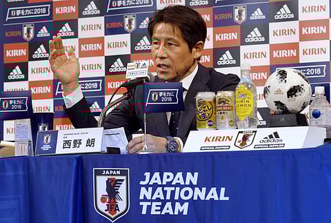 Japanese national soccer coach Akira Nishino answers a question during a press conference on an upcoming friendly match against Ghana Friday, May 18, 2018, in Tokyo.  (Photo | AP)