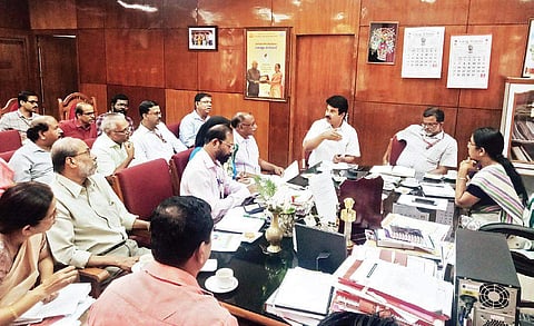 Health Minister KK Shylaja holding a high-level meeting on Thursday. Health Secretary Rajeev Sadanandan, Medical Education Director Ramla Beevi and Joice George MP are also seen