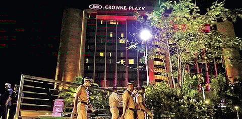 Policemen deployed outside Hotel Crowne Plaza in Kochi on Thursday | Melton Antony