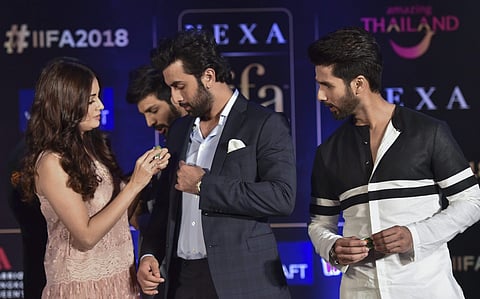 (L-R) Dia Mirza, Ranbir Kapoor and Shahid Kapoor at the IIFA press conference on May 17. Kartik Aryan is in the background. (PTI Photo)