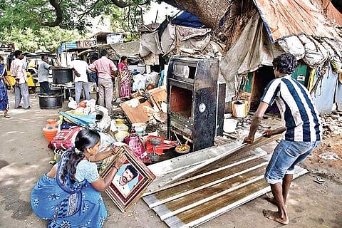 Families being evicted in Chintadripet under the Cooum restoration project on Friday | P Jawahar
