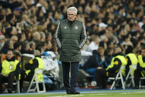 Bayern coach Jupp Heynckes watches the Champions League semifinal second leg soccer match between Real Madrid and FC Bayern Munich at the Santiago Bernabeu stadium in Madrid, Spain, Tuesday, May 1, 2018. | AP