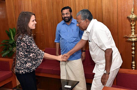 Ilze Skromane, sister of the Latvian national who was found murdered in the State, visited CM Pinarayi Vijayan in his office. | Twitter/CMO Kerala