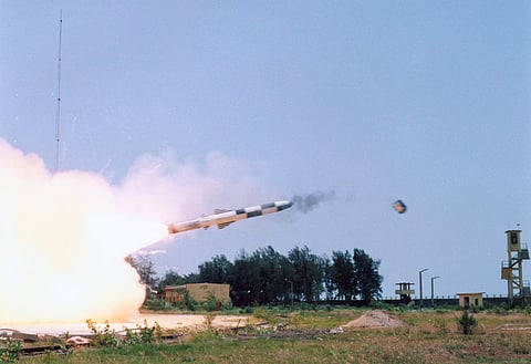 Supersonic cruise missile BrahMos being test fired with life extension technology on Monday.  (Photo | Express Photo Service)
