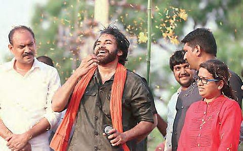Jana Sena chief Pawan Kalyan speaking at Palasa on Tuesday | Express
