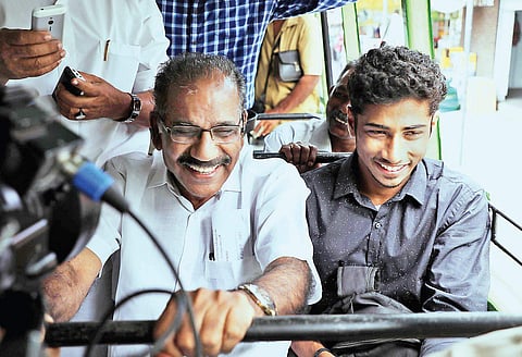 Transport Minister A K Saseendran travelling in a private bus to promote public transport system in Kochi on Thursday | Melton Antony