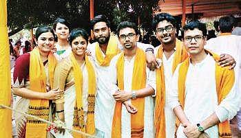Graduates in ceremonial scarve during the convocation ceremony of Visva Bharati University on Friday | Saikat Das/Facebook