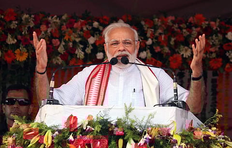 Prime Minister Narendra Modi addressing on Jana Kalyan Samabesh at Baliyatra ground in Cuttack on Saturday. (EPS | Irfana)