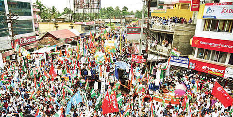 Traffic came to a halt as party workers and campaign vehicles of the major three fronts flooded the streets of Chengannur on Saturday | Express