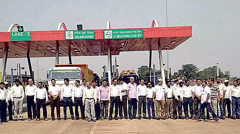 Protest at Laing toll gate near Rajgangpur in Sundargarh district on Saturday | Express
