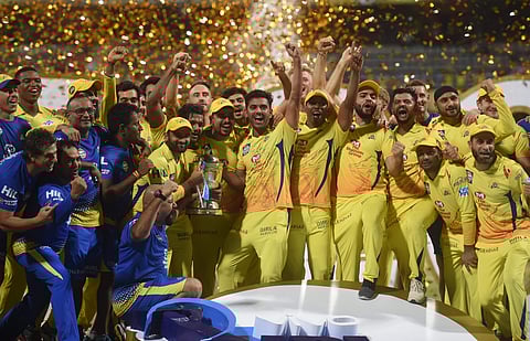 Chennai Super Kings players celebrate with the IPL 2018 trophy after winning the final match against Sunrisers Hyderabad in Mumbai on Sunday. CSK defeated SRH by eight wickets to lift the trophy. | PTI