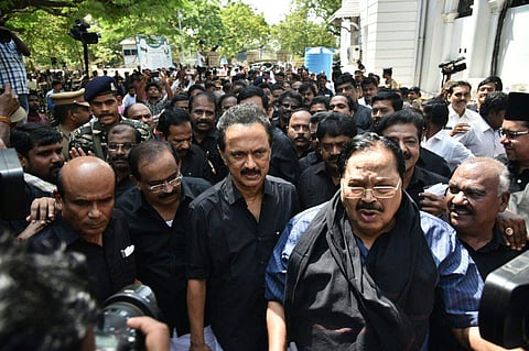 DMK working president MK Stalin arrives at the Assembly session along with his party MLAs in  black shirt to protest against Thoothukudi Shootout over Sterlite issue, on Tuesday in Chennai. (EPS | P Jawahar)