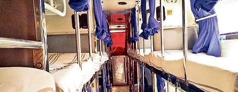 Interior of a sleeper coach bus stationed at Koyambedu on Tuesday | Express