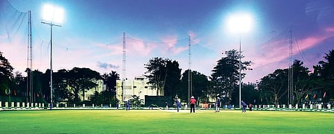 The lush green cricket ground glittering in floodlight at ICF East Colony on Saturday | Express