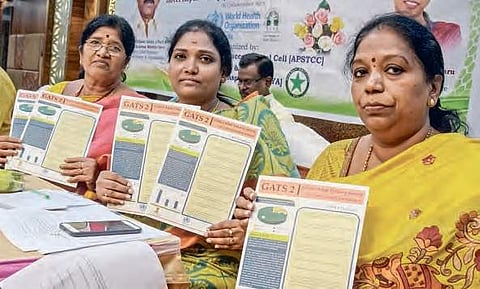 National Tobacco Control Programme nodal officer Geetha Prasadini (R) and other officials release fact sheet of Global Adult Tobacco Survey in Vijayawada on Tuesday | R V K Rao