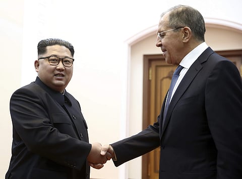 Korean leader Kim Jong Un, left, and Russia's Foreign Minister Sergei Lavrov shake hands during a meeting in Pyongyang, North Korea, Thursday, May 31, 2018. | AP