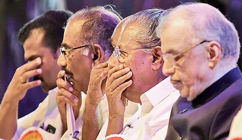 (From left) Mayor V K Prasanth, Transport Minister A K Saseendran, Chief Minister Pinarayi Vijayan and Governor P Sathasivam at the valedictory function of the Left Front Government’s second-anniversary celebrations in Thiruvananthapuram on Wednesday. Tru