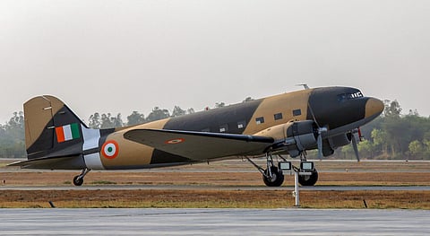 A Dakota DC-3 aircraft of 1940 vintage gifted by Rajya Sabha member Rajeev Chandrasekhar to the Indian Air Force was formally inducted into the IAF at Air Force Station Hindan in Ghaziabad on Friday. | PTI