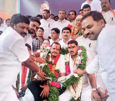 A file image of the disqualified Congress MLAs Komatireddy, Sampath Kumar along with others on a  48-hour hunger strike at Gandhi Bhavan in Hyderabad on Tuesday | express Photo
