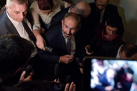Armenian opposition leader Nikol Pashinyan speaks to the media after being elected as prime minister. (Photo | AFP)