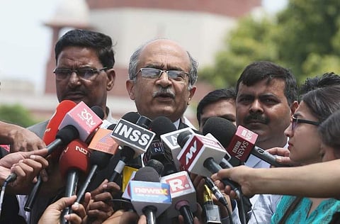 Advocate Prashant Bhushan addressing the media on the CJI Impeachment Case at Supreme Court in New Delhi on Tuesday.  (EPS | Shekhar Yadav)
