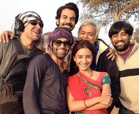 Patralekha with Rajkummar Rao and others on the sets of City Lights. (Image Courtesy Twitter @Patralekhaa9)
