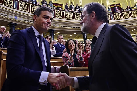 Opposition Socialist leader Pedro Sanchez has won the vote to replace Mariano Rajoy as prime minister, in the first ouster of a serving Spanish leader by parliament in four decades of democracy. (Photo| AP)