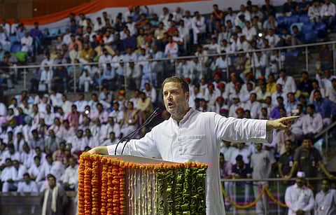 Congress President Rahul Gandhi addresses the national convention of OBC department of AICC at Talkatora Stadium in New Delhi on Monday June 11 2018. | PTI