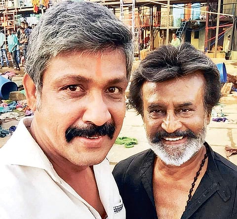 Sampath Raj and Rajinikanth on the sets of Kaala.