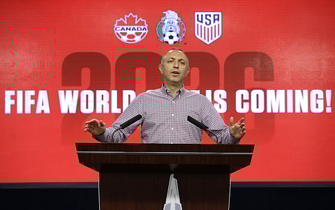 Brian Bilello, Boston 2026 World Cup bid chair and president of the New England Revolution soccer team, faces reporters during a news conference Wednesday, June 13, 2018 at Gillette Stadium, in Foxborough, Mass. | AP