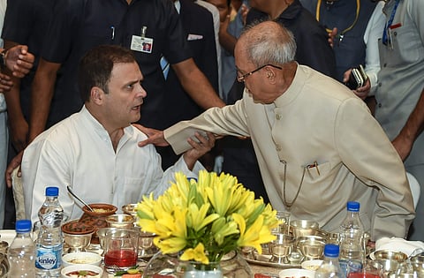 Rahul Gandhi and Pranab Mukherjee at the Congress chief's first Iftar party on June 13, 2018 (PTI Photo)