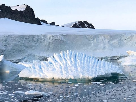 1 1 2 3 4 5 This January 2018 photo provided by researcher Andrew Shepherd shows an unusual iceberg near the Rothera Research Station on the Antarctic Peninsula. In a study released Wednesday, June 13, 2018, an international team of ice experts said the m