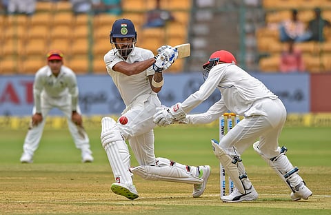 India's K L Rahul plays a shot during the one-off Test match against Afghanistan at Chinnaswamy Stadium in Bengaluru on Thursday June 14 2018. | PTI